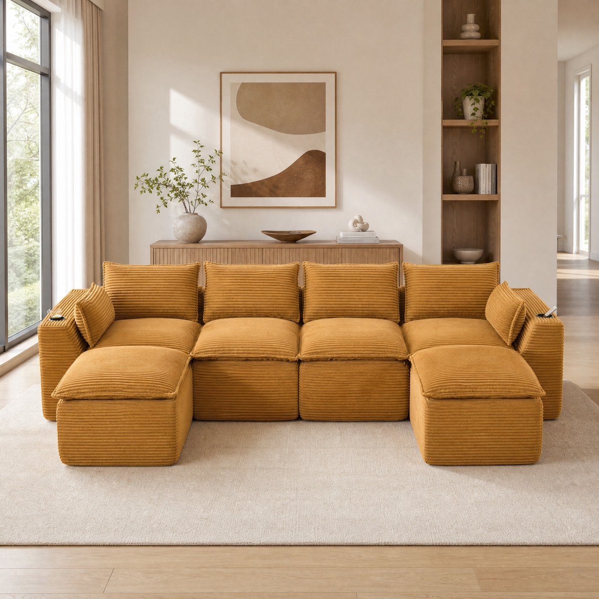 Wishdor Modulaire 4-zitsbank - Corduroy - Met 2 voetenbanken - Kussens - Bekerhouders - Zijvakken - Oranje - 322 x 161 x 75 cm