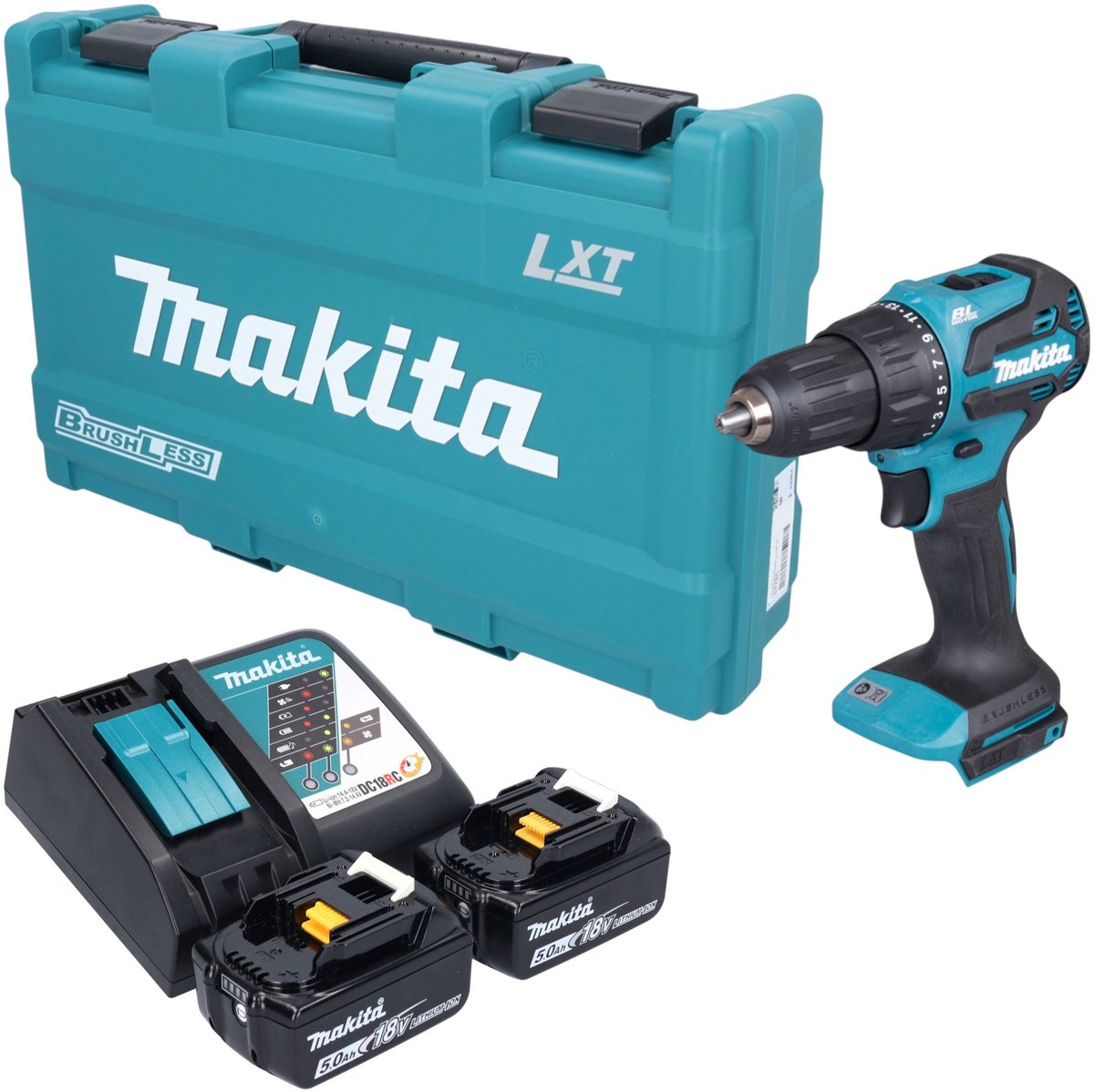 Makita DHP 490 RTK accu-slagboormachine 18 V 65 Nm borstelloos + 2x accu 5,0 Ah + oplader + koffer
