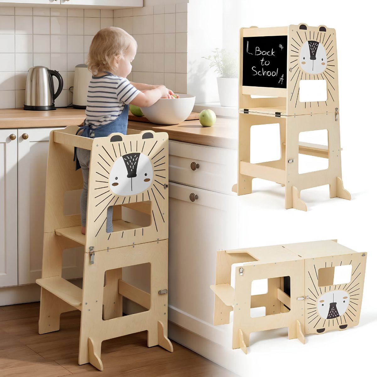 Lìon® Leertoren Inklapbaar - Multifunctionele 3-in-1 - Leertoren voor Kinderen - Bruin - 61cm x 48cm x 98cm