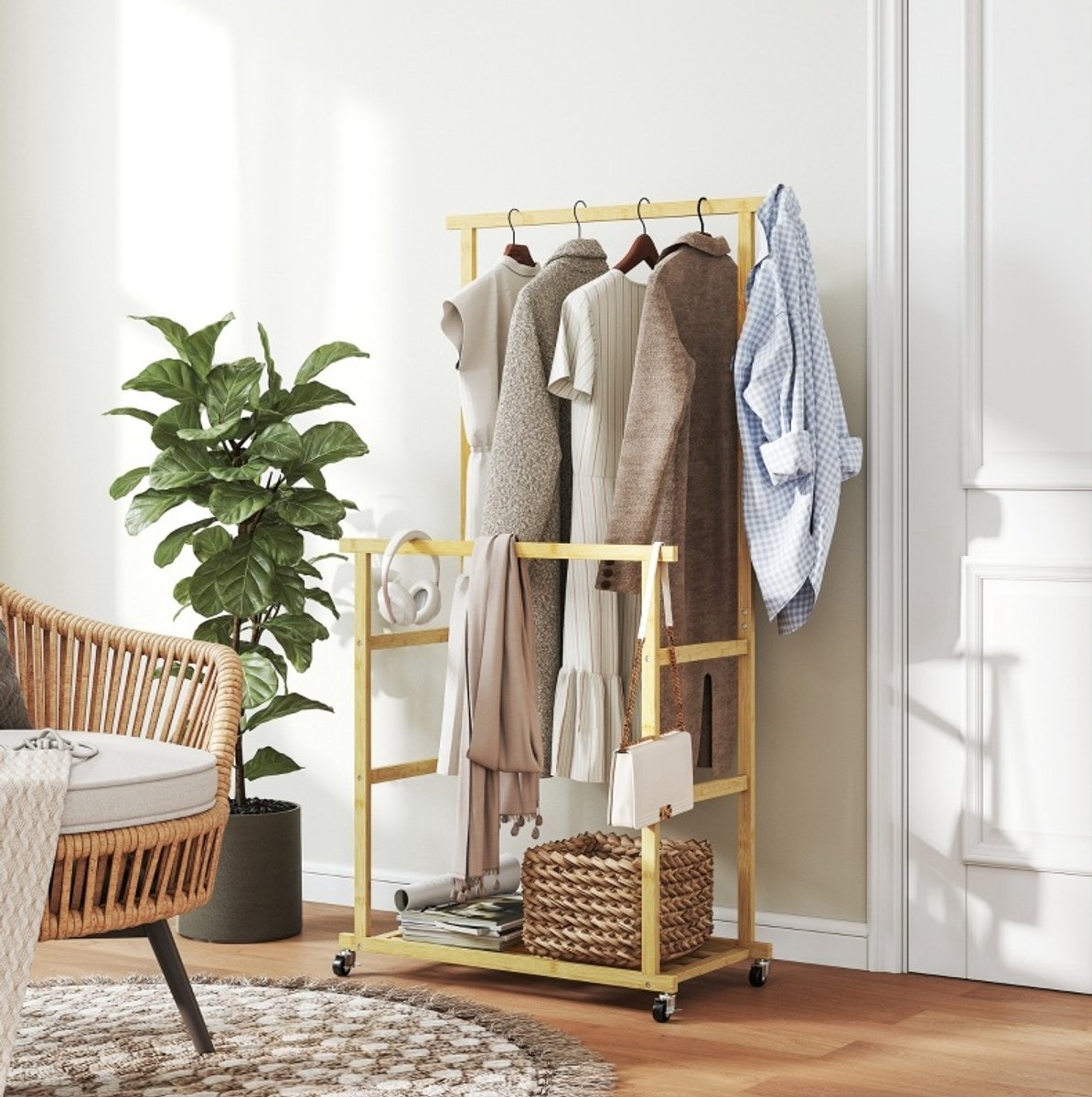 MIVRAY Kledingrek – 80 x 40 x 160 cm – Met Wielen En Schoenplank – Bamboe – Natuurkleur – Voor Slaapkamer, Hal En Wasruimte