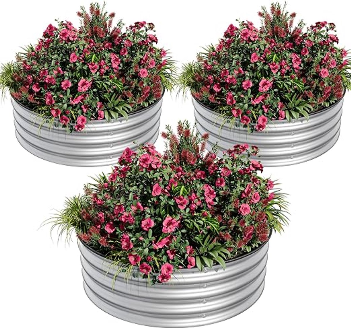 HOERFURIY set van 3 stuks gegalvaniseerd stalen rond plantbed natuurkleur, afmeting 2 × 1 FT – metalen verhoogde plantbak voor balkon, groenten en bloemen