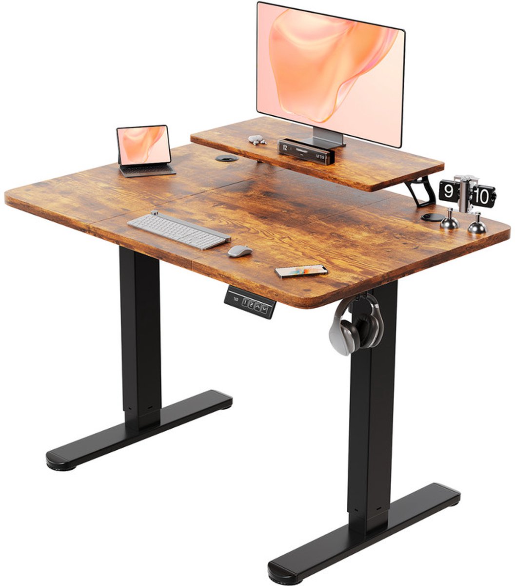 Devoko Elektrisch Zit-Sta Bureau met Monitorstandaard – 120 × 60 cm (B × D) – Stille Motor, Anti-collisionfunctie, 2 Geheugenstanden en LED-display – Draagvermogen 75 kg – Bruin