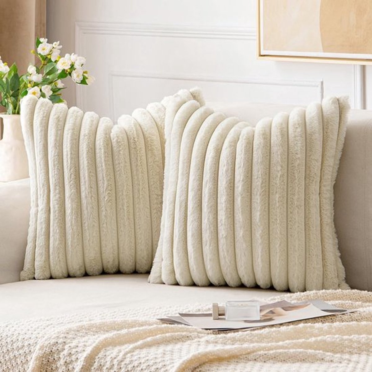 Kussenhoes Pluche - Fluweel Imitatiebont - 50 x 50 cm - Wasbaar - Decoratieve Kussenhoes - 2 Stuks - Zacht en Milieuvriendelijk - Sierkussen