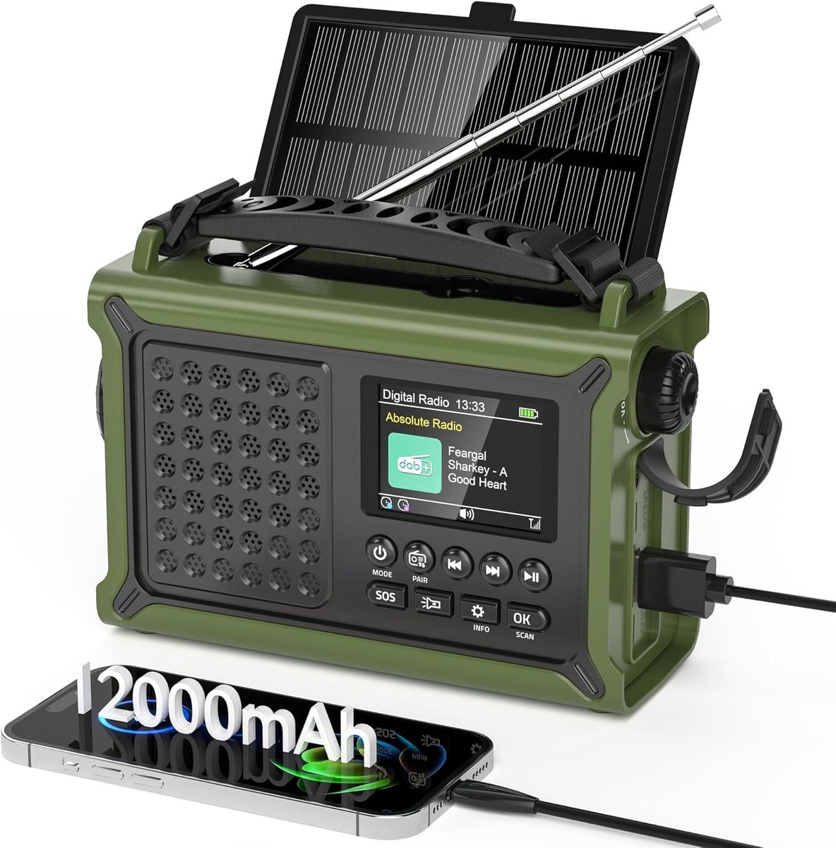 Noodradio solar en opwindbaar - Groen - Draagbare digitale radio met 12000 mAh accu en zonnepaneel - Voor buiten en noodsituaties