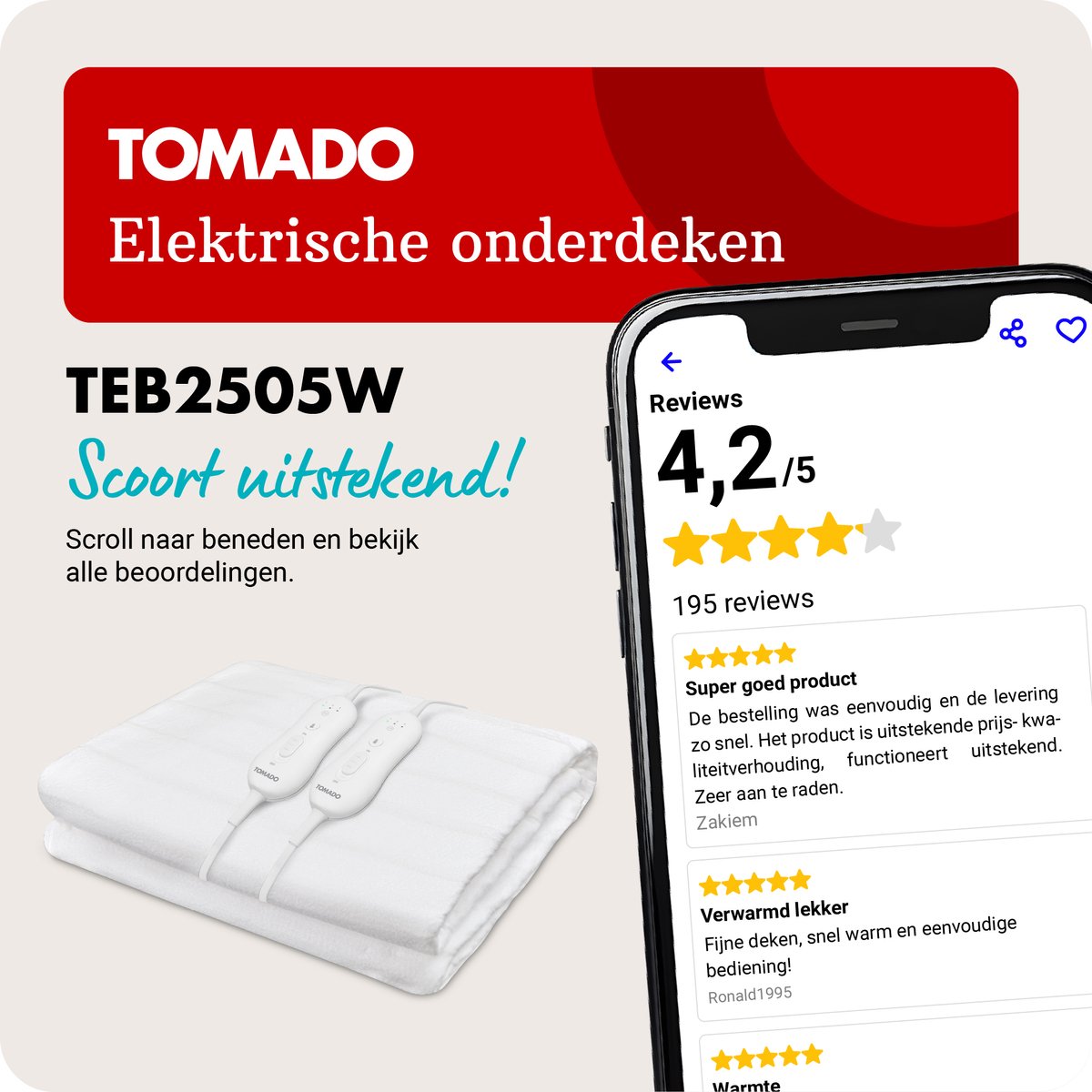 Tomado TEB2505W - Elektrische deken 2 persoons - Warmtedeken - 160 x 140 cm - Onderdeken - 2 schakelaars met 3 warmtestanden – foto 5