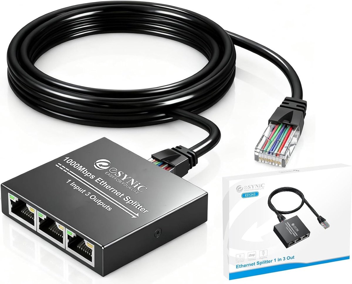 Netwerksplitter - 1 In 3 Uit - Met 0,5m RJ45 Netwerkkabel en Type-C Stroomkabel - Voor Bedraad Ethernet Netwerk