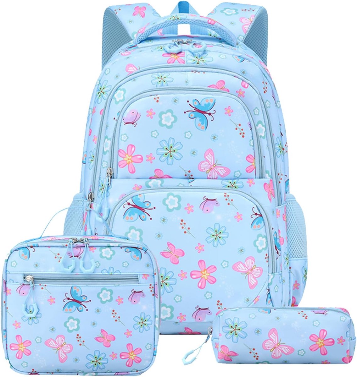 Polka Point Backpack Large Capacity Casual Y2K Multi-Layer | Polka Point Backpack with multi-layer pockets, nylon fabric, floral pattern; lunch bag set, 3-piece stylish