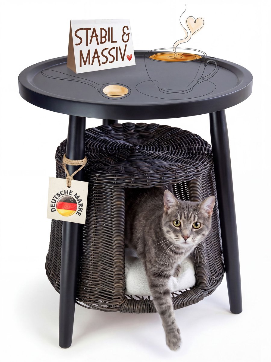 Salontafel met kattenmand, bijzettafel, hout, rotan woonkamertafel met dierenbed en wasbaar kussen, keuze uit 2 modellen Kingpower