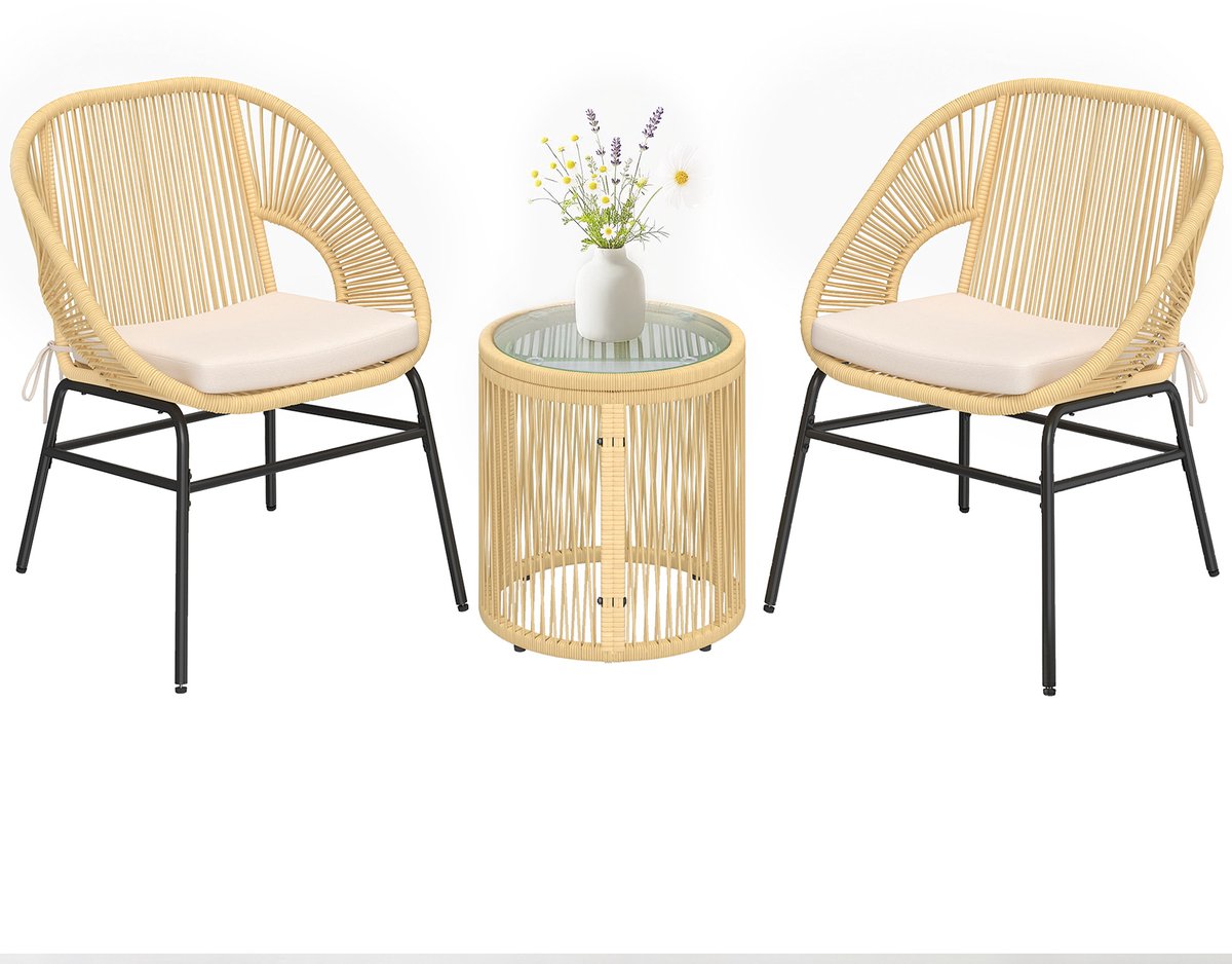 Tuinset 3 Delig –met 2 comfortabele Fauteuils +1 tafel van gehard glas - afneembare en wasbare kussenhoezen - beige