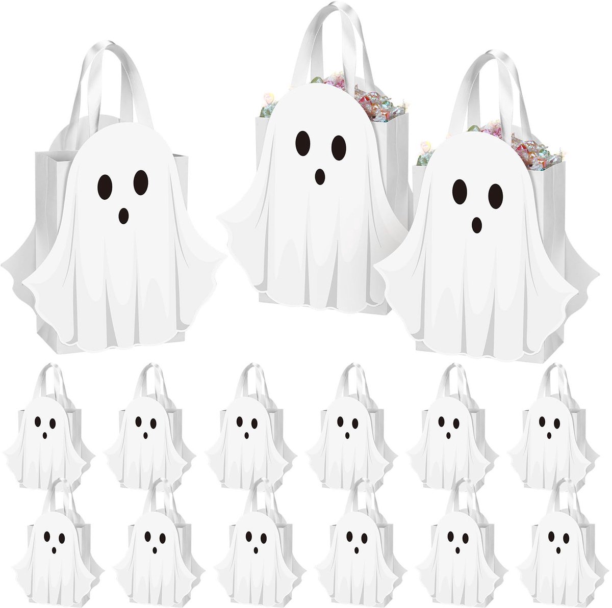 15 papieren cadeauzakjes met Halloween-thema - 21 × 15 × 8 cm - Spookpatroon - Cadeauzakjes voor Halloweenfeestjes - Gemakkelijk in gebruik - Wit