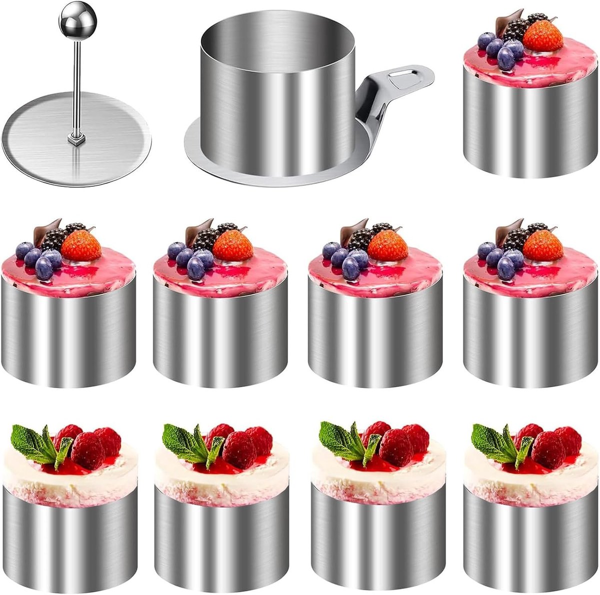 Set van 12 roestvrijstalen dessertringen en serveerringen van 8 cm voor koekjes, donuts en taarten met grondplaten en deksels