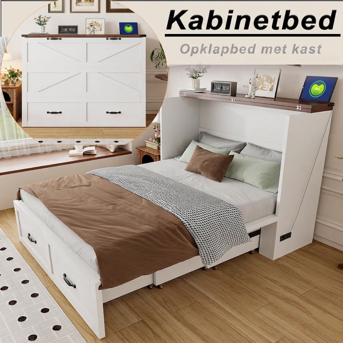 VVBV Opklapbed 140x200 cm - Opbergruimte, Stopcontact, Met Kledingkast, Ruimtebesparend - Wit, Metaal