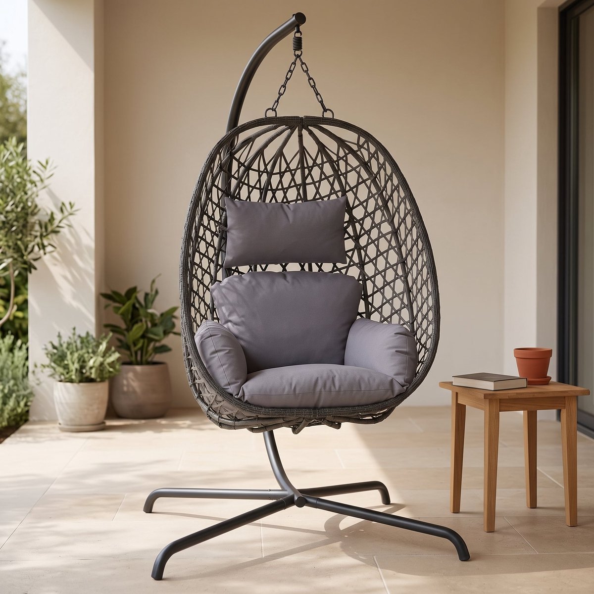 Cheqo® Hangstoel met Standaard - Egg Chair - Eierstoel - Eistoel - Hangstoel Ei - Cocon Stoel - Rotan Hangstoel - Wicker Hangstoel - Schommelstoel - Loungestoel - Tuinstoel met Kussens en Statief - voor Binnen en Buiten - Tuin - Donkergrijs