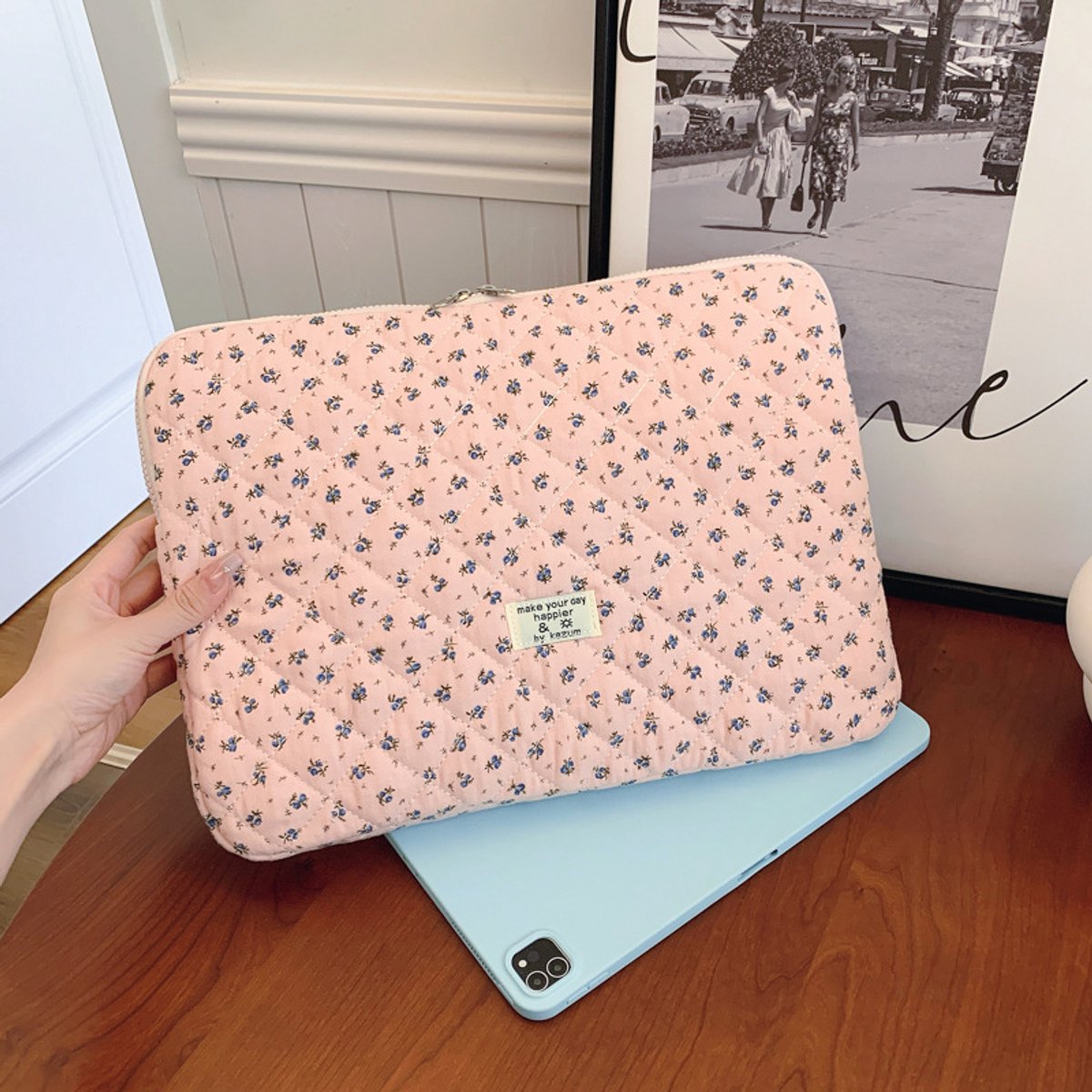 Schattige Laptoptas 14 Inch met Bloemenontwerp - Ideale Bescherming voor Laptop en Tablet,roze