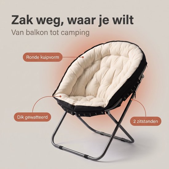 Cheqo® Moon Chair - Campingstoel Opvouwbaar - Klapstoel - Vouwstoel - Kampeerstoel - Relaxstoel - Loungestoel - Kuipstoel - Tuinstoel - Visstoel - Festivalstoel - Strandstoel - Balkonstoel - Verstelbaar - Gewatteerd Kussen - Binnen en Buiten — afbeelding 5