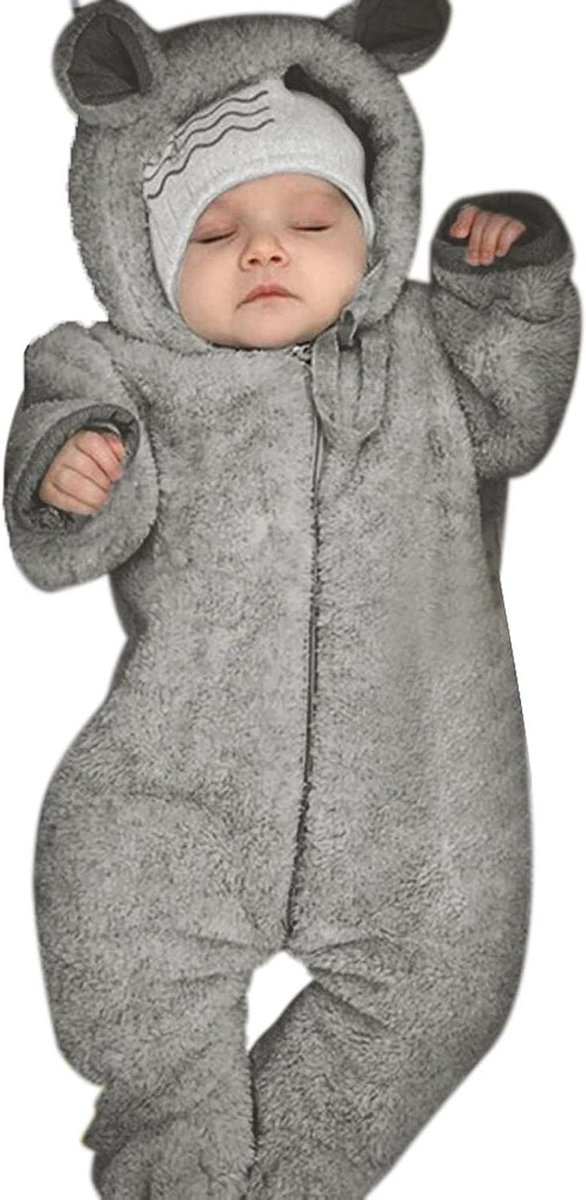 Baby Jongens Romper - Jumpsuit Jasje - Warm Blijven - Zacht Fleece Materiaal - Lange Mouwen - Effen Kleur