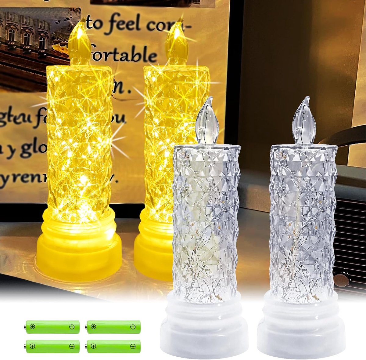 Set van 2 led-kaarsen, tafelkaarsen met AAA-batterij, diamantschaal, perfect voor bruiloft, feest, jubileum, verlovingsdecoratie