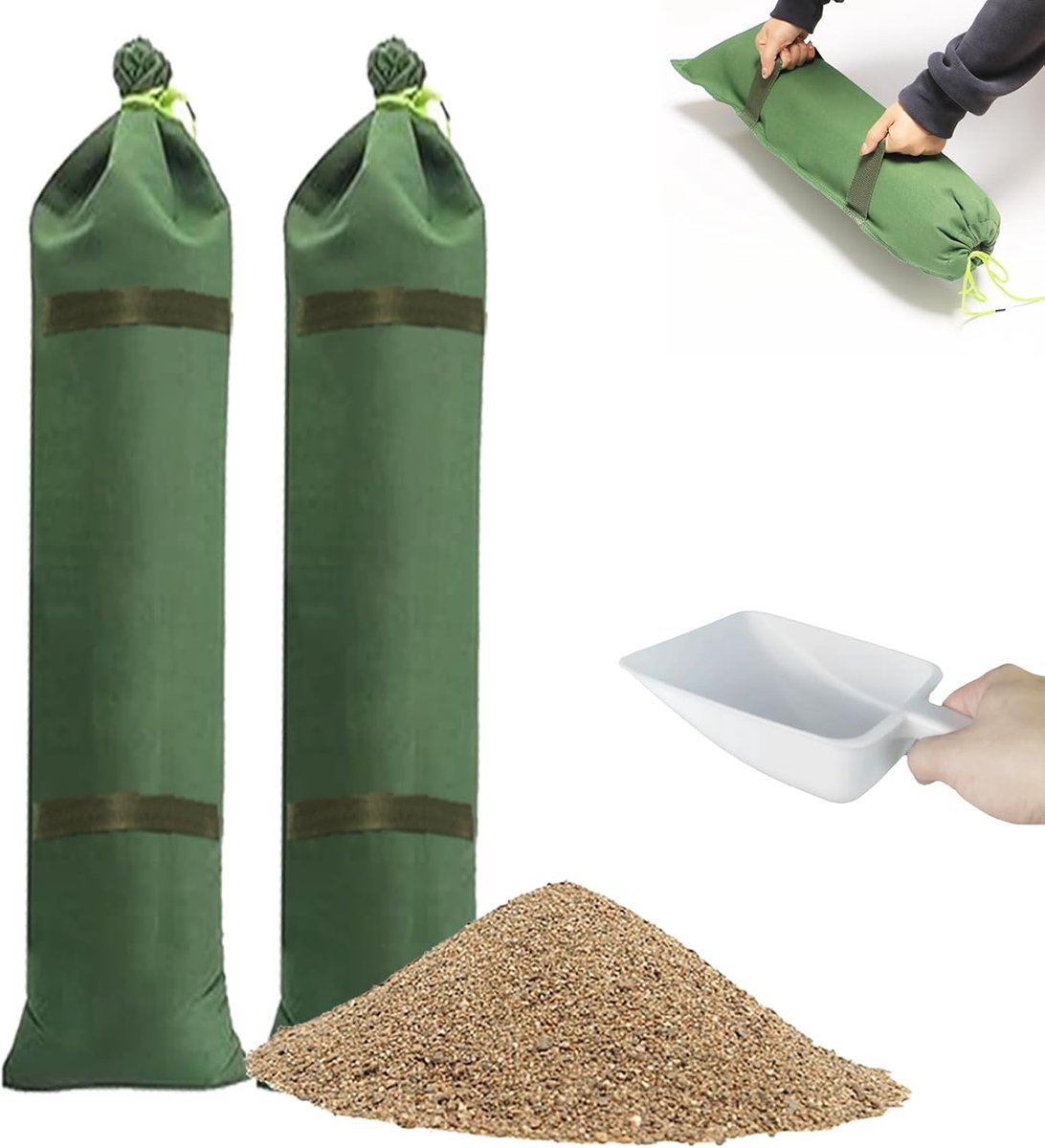 Zandzakken om te vullen, met 1 x schep, 60 x 20 cm silozandzakken ongevuld, uv-bestendig, herbruikbare hoogwaterzandzak met handgrepen, bescherming tegen overstromingen, waterblokkering