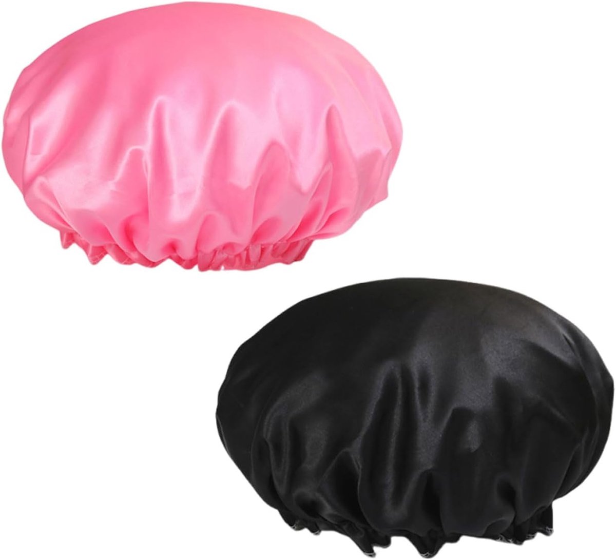 Douchemuts voor dames, 2 stuks, waterdichte haarkap voor vrouwen en meisjes, elastisch, herbruikbaar, douchemuts voor baden, spa, salon, make-up (zwart + roze-nieuw)