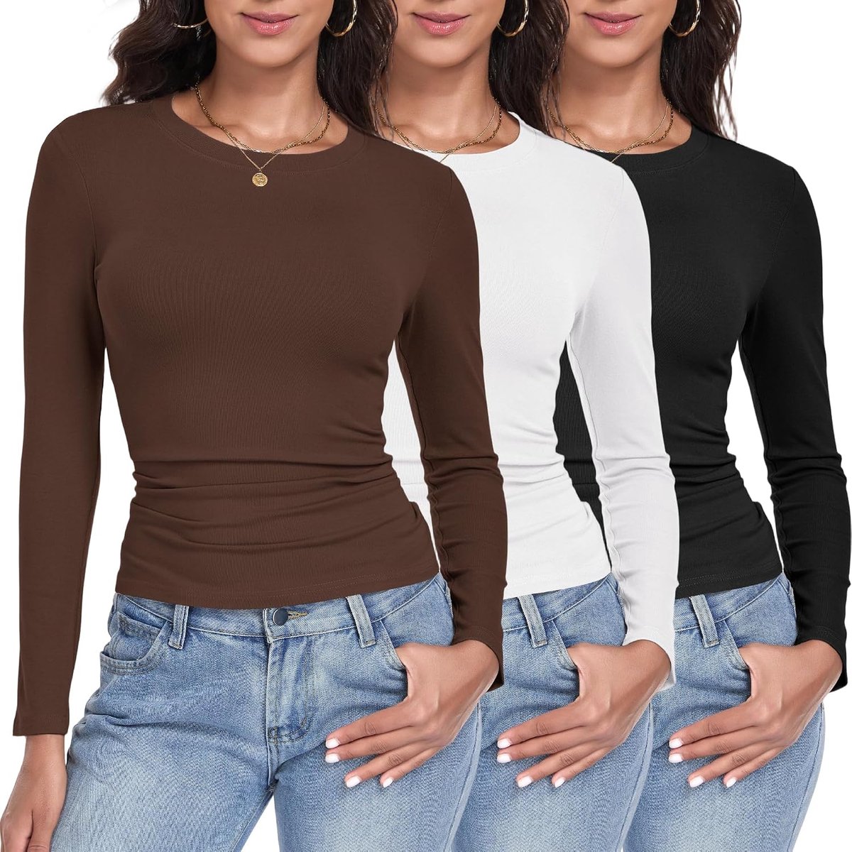 3 Pack Dames Lange Mouw T-shirts Ronde Hals Basic Skim Fitted Y2K Tops Crop Top Casual Uitgaan Mode Elastische Kleding