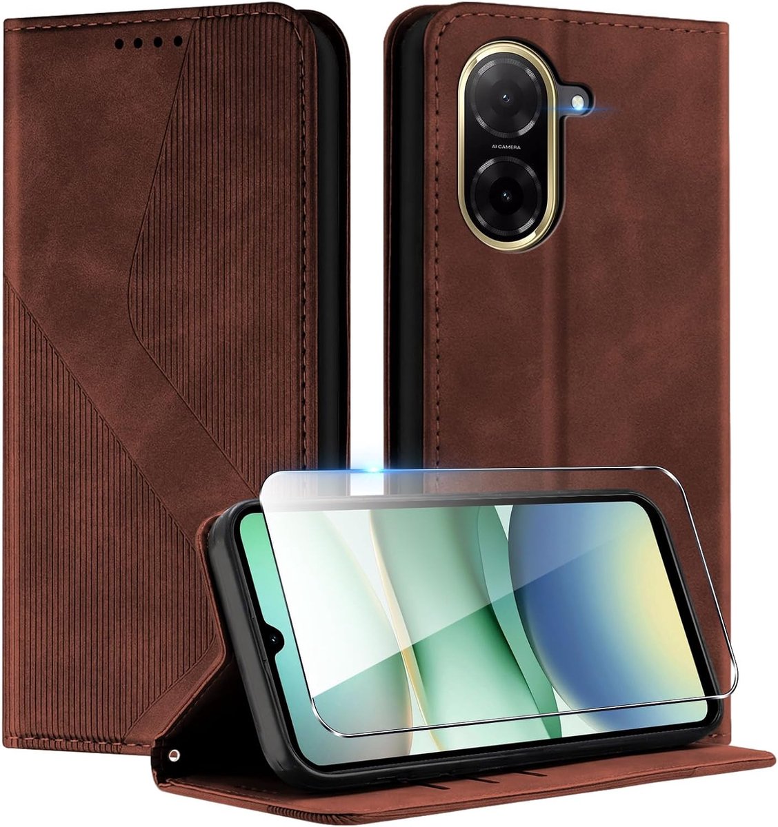 Beschermhoes voor Xiaomi Redmi A5 4G met 1 gehard glas, premium beschermhoes van leer met [kaartvakken] [magnetisch] [standaard], folio-klaphoes, portefeuille, bruin