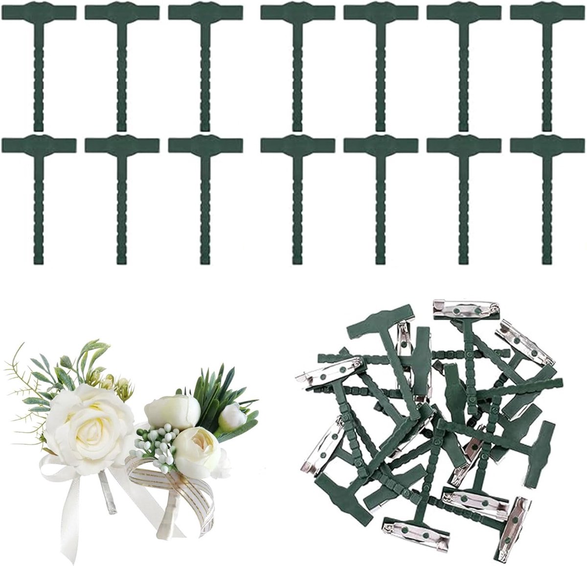 Broches in T-vorm, veiligheidsspelden voor bruiloft, knutselen, T-vormige houder, doe-het-zelf kit voor bruiloften, feesten, bloemen, broches voor de bruidegom, groen