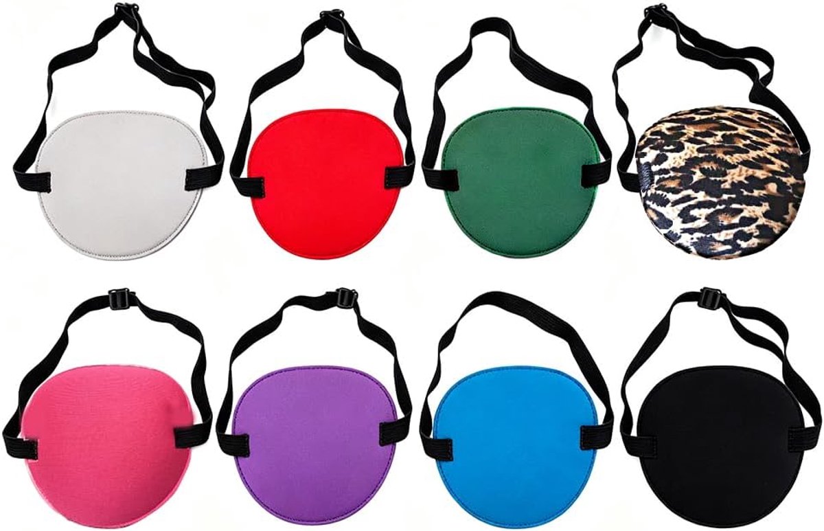 8-delige ooglapjesset voor volwassenen, grote 3D verstelbare ooglapjes in 8 kleuren (zwart, blauw, paars, roze, luipaardprint, groen, rood, grijs) voor het linker- of rechteroog, enkel oogmasker