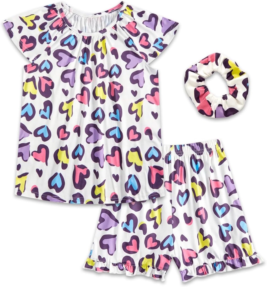 Pyjama voor meisjes, zomer, pyjama, kinderen, korte pyjama, 3-delige set met korte mouwen, shirt en shorts en haarelastiek, schattige nachtkleding voor meisjes van 4-14 jaar