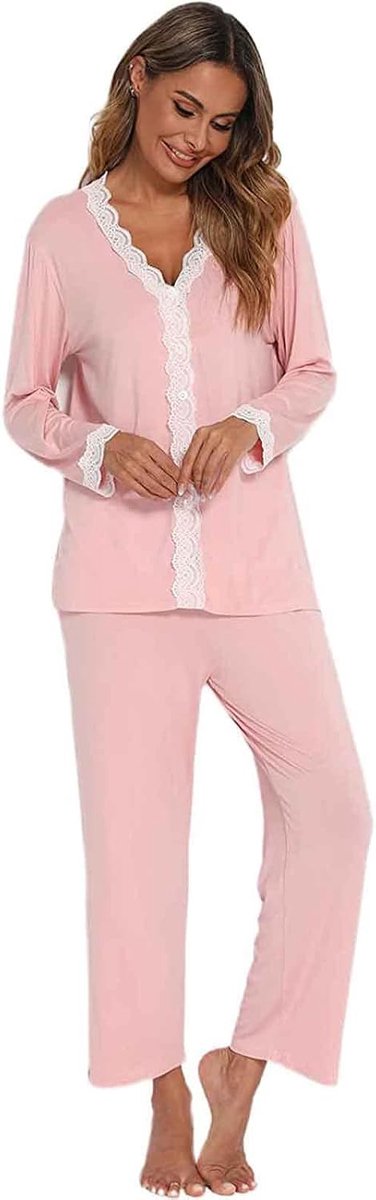 Damespyjama-set met lange mouwen, modale katoenen nachtkleding, tweedelige pyjama met kanten rand voor vrouwen en meisjes, zachte loungewear
