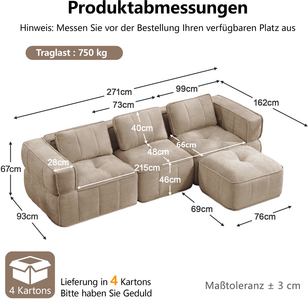 MIVRAY Hoekbank 3-Zits 271 x 162 x 67 cm Frameloos Modulair Design Met Hocker En Diepe Zitting Voor Woonkamer Polyester Sand