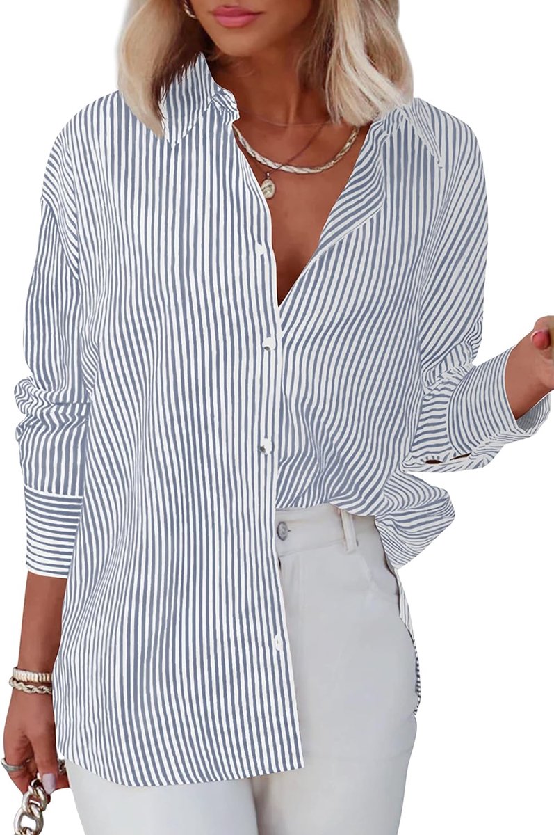 Blouse dames lange mouwen strepen business casual bovendeel V-hals werk hemd losse knoopsluiting hemdblouse