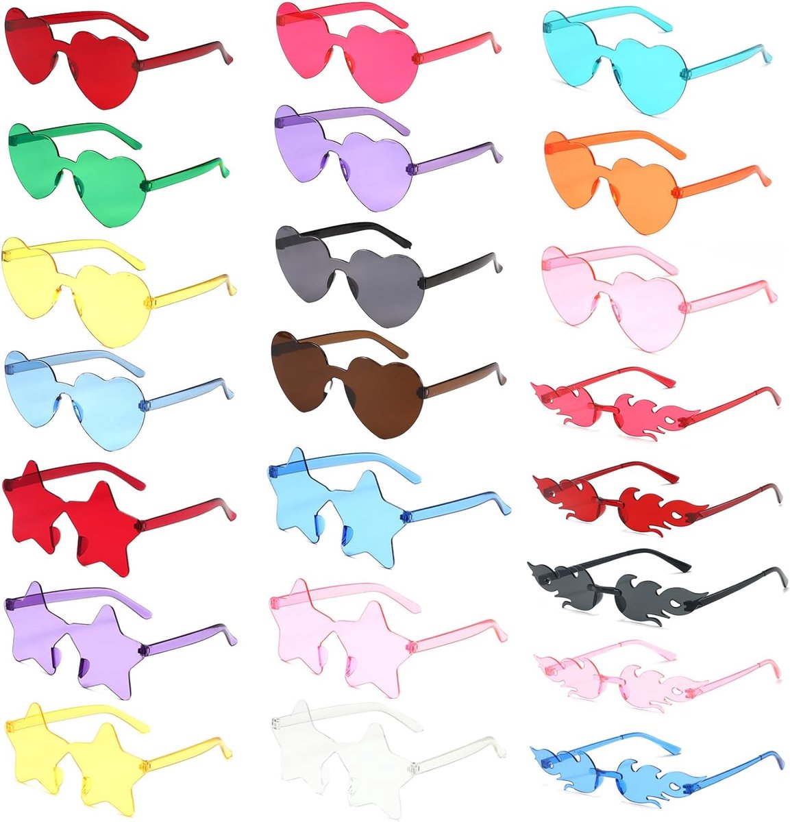 Partyzonnebril,Hartvormige partybril,22 Paar randloze hartvormige bril 3-stijl/ster/hart gevormd/vlam,feestbrillen,hippiebril,voor bruiloft Verjaardag Beach Party Halloween Foto Props