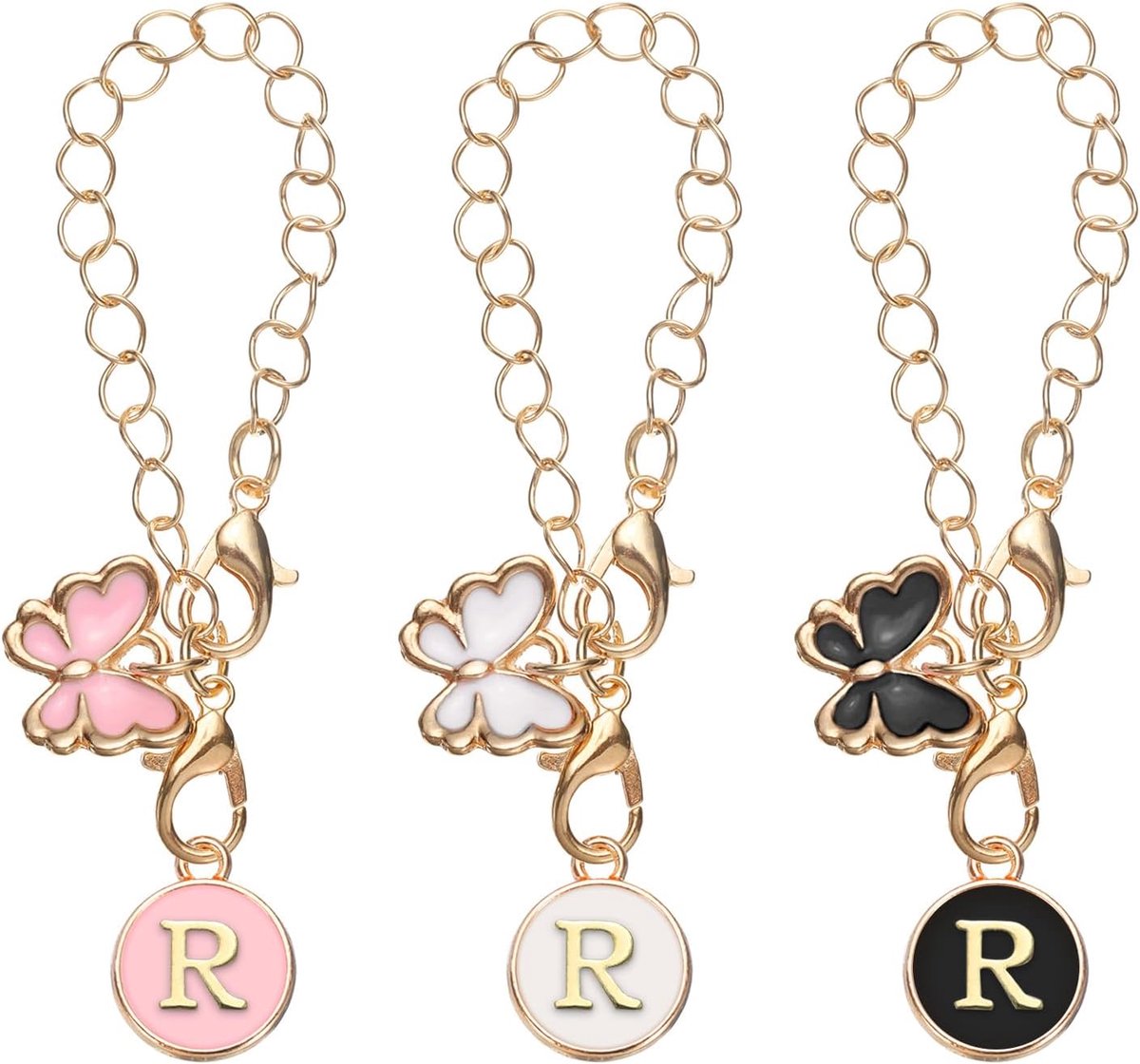 R Letterhangers, accessoires, hartvorm, vlinder, initiaal, naam, ID, gepersonaliseerde letterhangers, zwart, wit, roze, 3 stuks