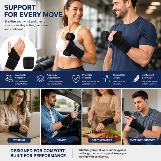 Polsbrace met instelbare compressie - Verlicht pijn bij peesschedeontsteking, artritis & gewrichtsinstabiliteit - Ergonomisch, ademend & links/rechts bruikbaar - Zwarte sportpolssupport — afbeelding 4