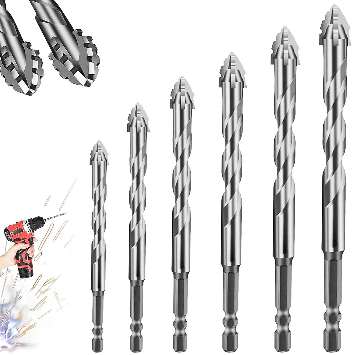 6 stuks excentrische boren, 4/5/6/8/10/12 mm boor met hardmetalen punt, boor met hoge hardheid, gekartelde viersnijdende boor, voor hout, metselwerk, tegels