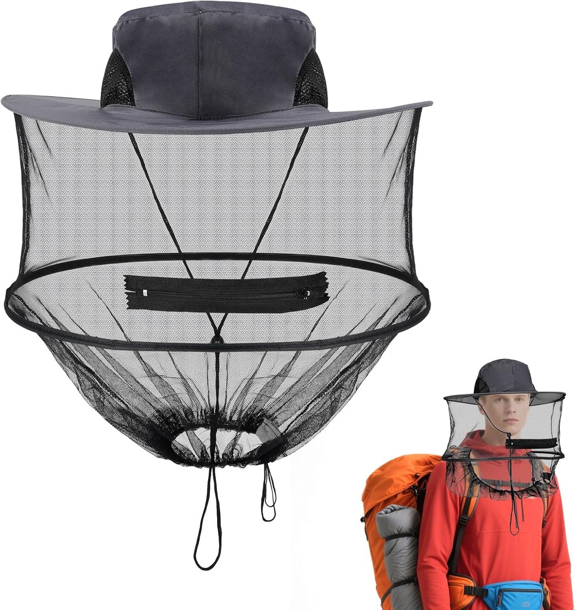 Muggenhoed, imkerhoed, hoed met muggennet, zonwering, opvouwbaar, voor outdoor, wandelen, kamperen, vissen, tuinhoed, uniseks (B)