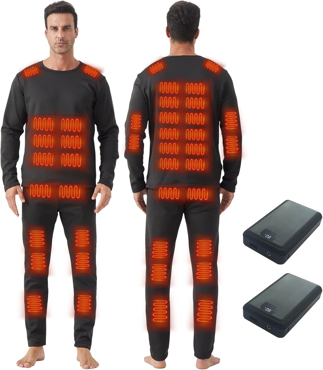 Ondergoed voor Heren Missen, 42 Zones Erwarmd Thermo-ondergoed met 2 * 16000mAh Powerbank, USB Elektrisch Verwarmde Kleding voor Winter, Skiën, Outdoor