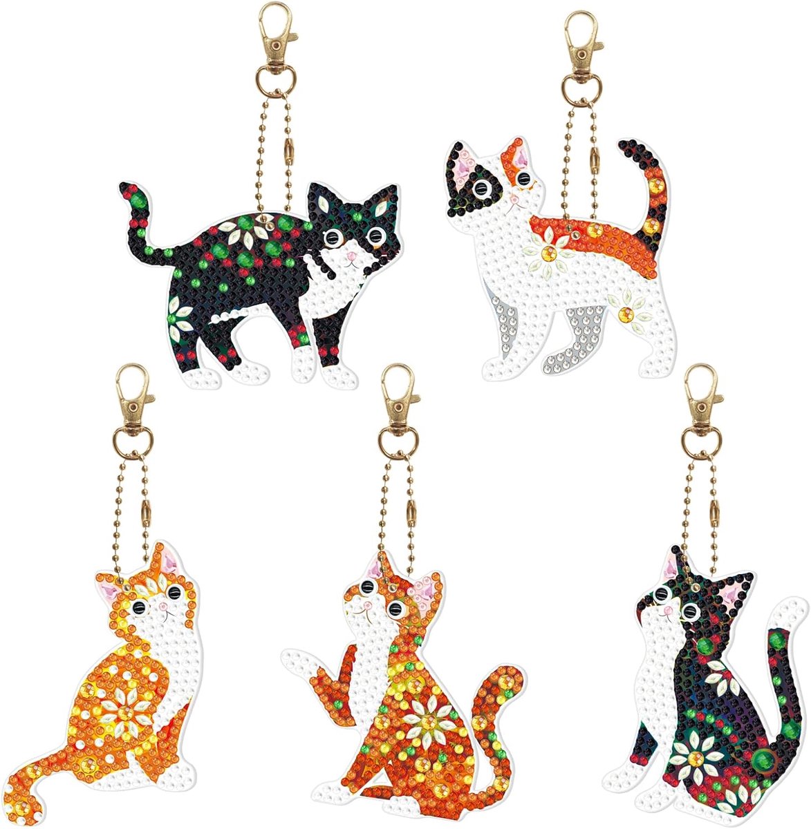 5 stuks DIY kat diamant schilderij sleutelhangers, 5D Diamond Art Painting sleutelhanger, dubbelzijdige strassteentjes geplakt diamant kunst sleutelhanger borduurwerk kunst handwerk