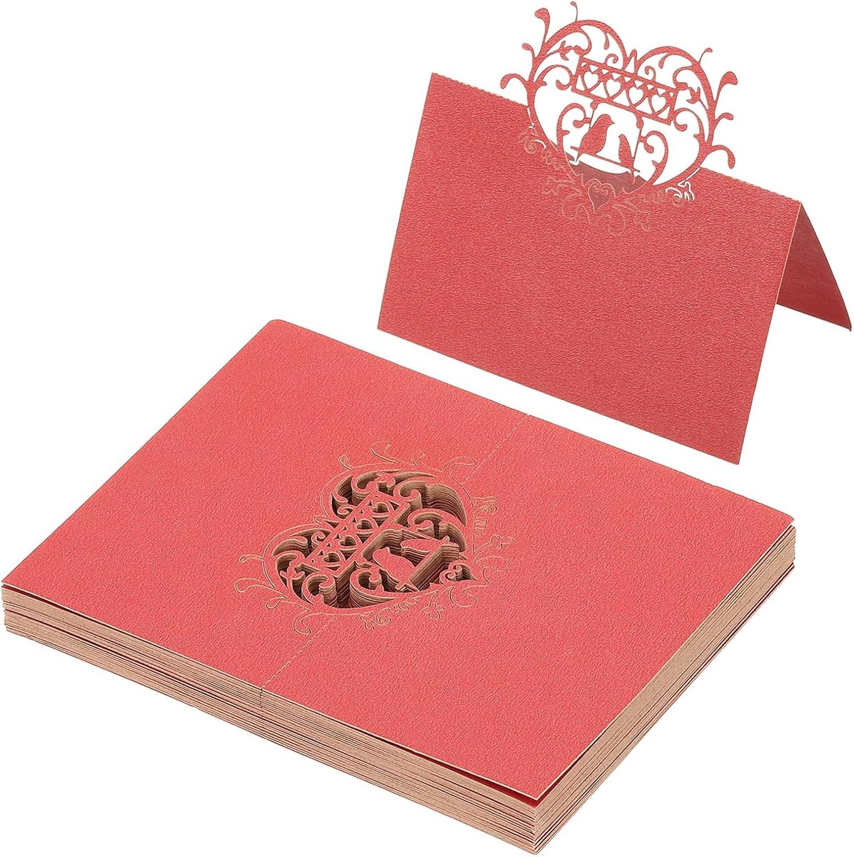 50 stuks bruiloft plaats kaarten, laser gesneden liefde vogels tafel plaats kaart gevouwen tent kaart naam kaarten voor tafel instelling bruiloft receptie buffet, parel rood