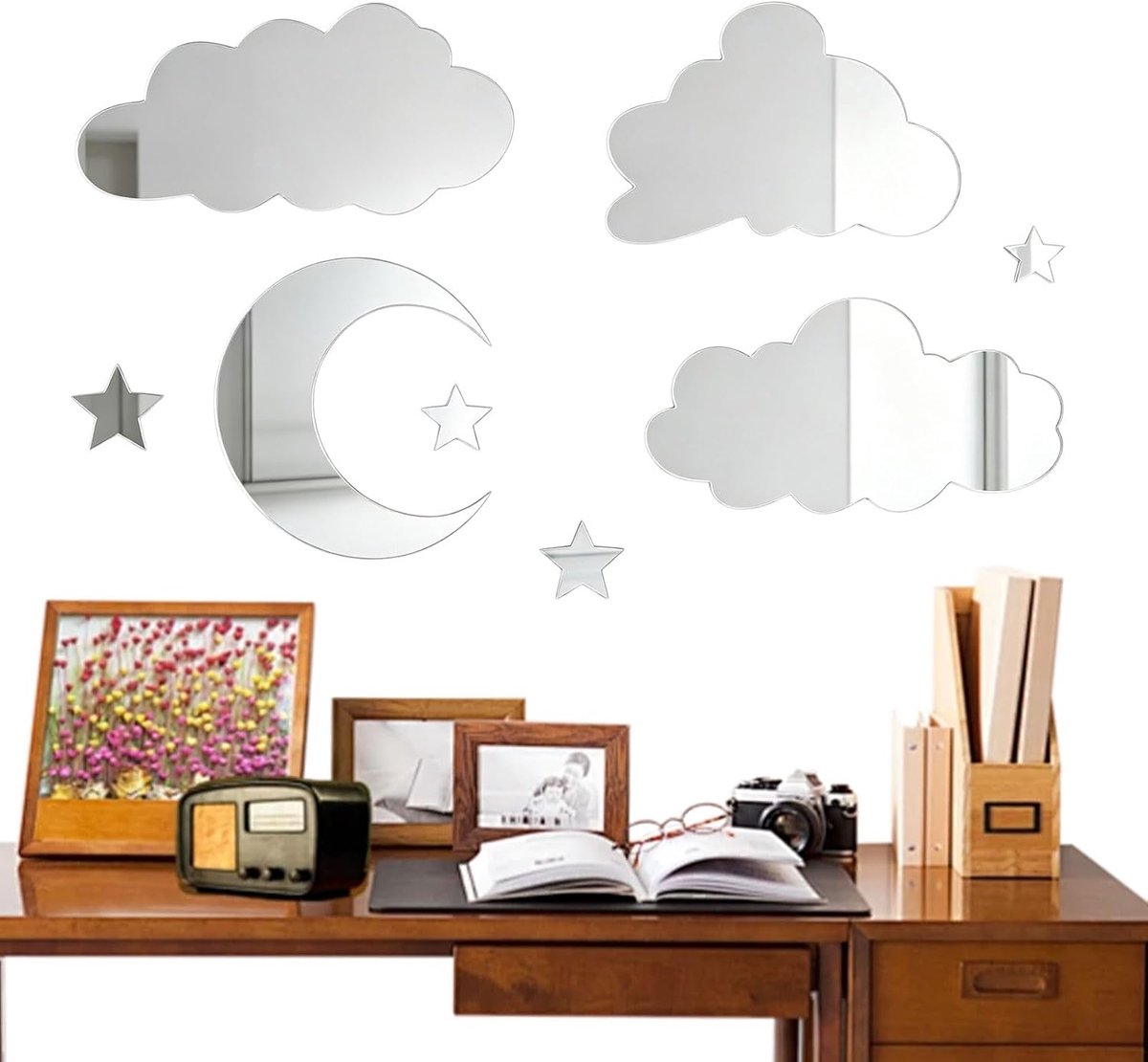 8 STKS Zilveren Maan Ster Wolk Acryl Spiegel Muurstickers voor Slaapkamer, Leuke 3D Muurstickers Zelfklevende Verwijderbare Spiegel Stickers voor Slaapkamer Woonkamer Home Decor