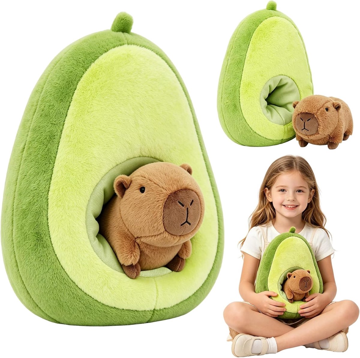 Capybara Avocado knuffeldier, 35 cm, watervarken, knuffeldier, 2-in-1, afneembaar design, Capybara pluche dier, schattig speelgoed voor jongens en meisjes
