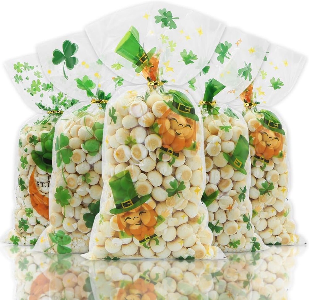 Patrick's Day cellofaan traktatiezakken, 100 stuks klavertje drie Ierse geluksklaver cellofaan plastic snoep koekje traktatie goody geschenkzakjes en twistbanden voor Saint Patrick's Day Party