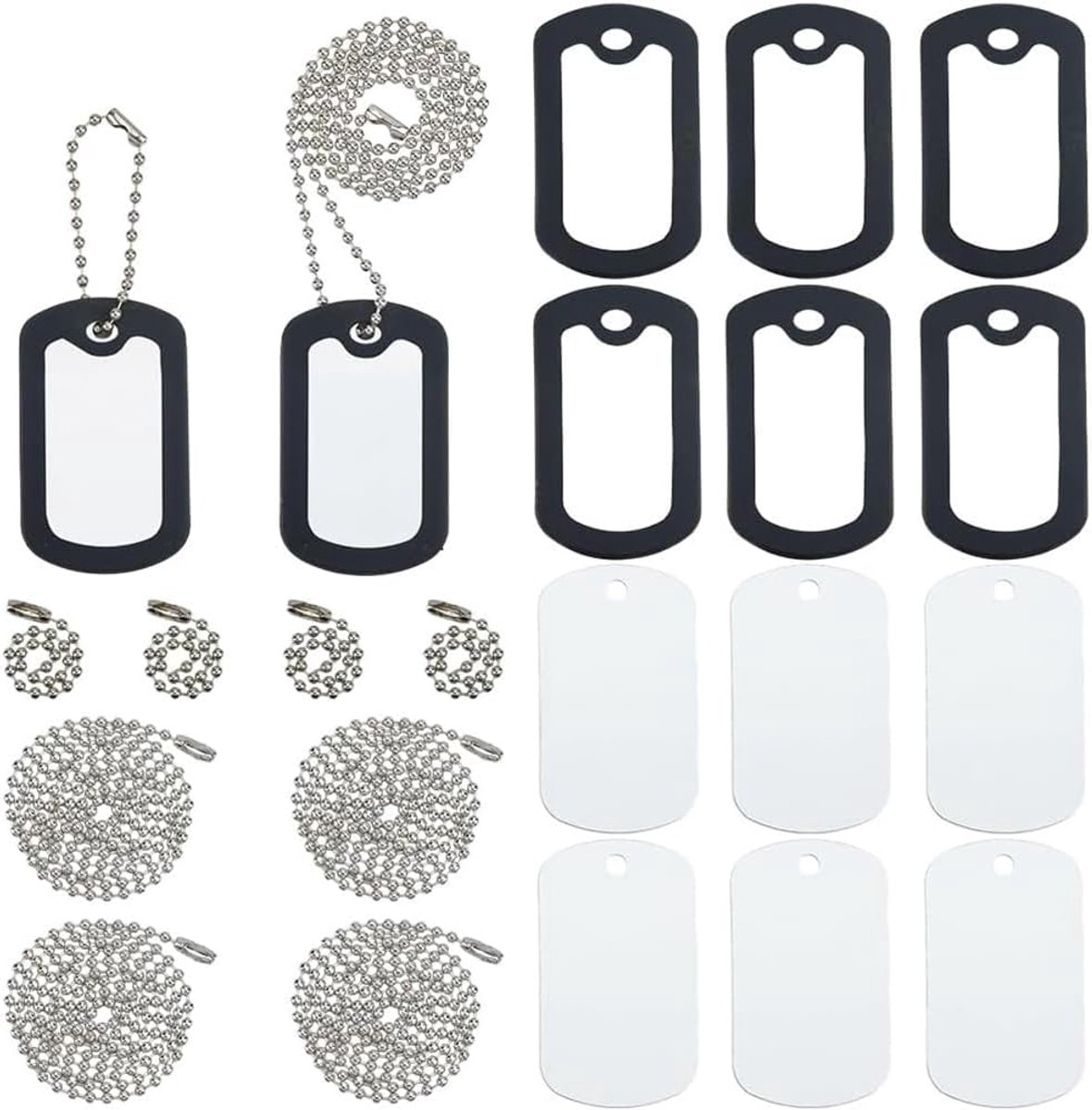 8 sets 24 stuks zwarte militaire hondenpenning rubberen geluiddemper bulk aluminium huisdierlabels blanco met kogelketting siliconen hoes om lawaai te verminderen en tag hond ID beschermer
