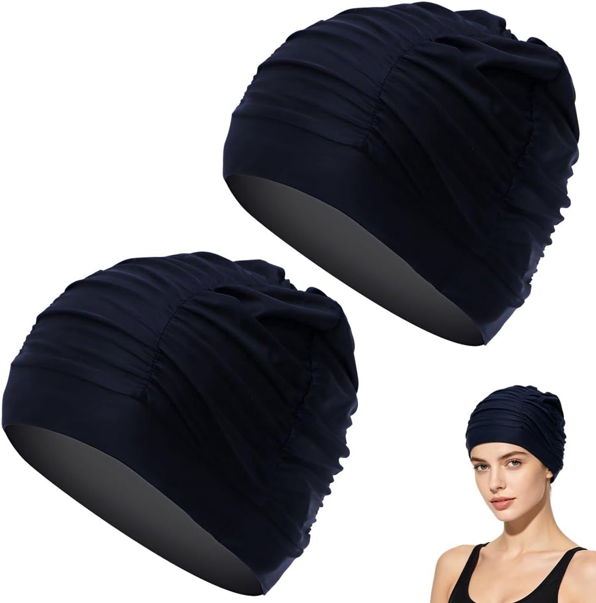 2 Stuks Zwemmuts Vrouwen Tulband Oorbescherming Badmuts Antislip Retro Elastische Badmuts Zomer Met Lang Kort Haar