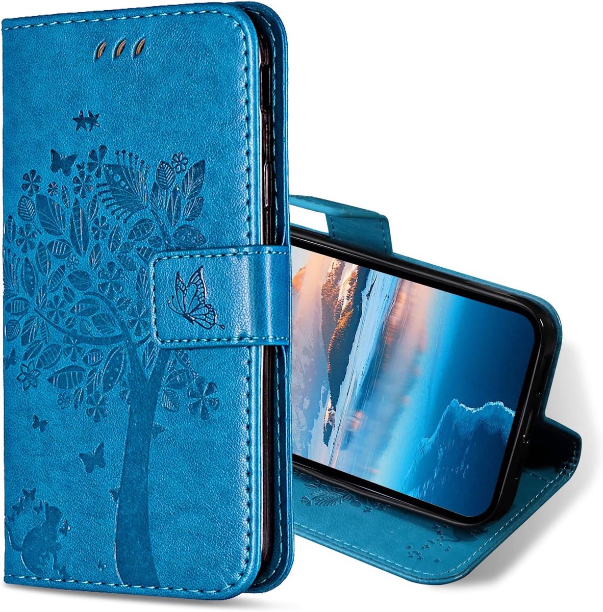 Hoesje voor Xiaomi Redmi Note 9 Pro/Redmi Note 9S, Kunstleren Bookcase Hoes met Pasjeshouder, Retro Kat en Boom Telefoonhoesjes Wallet Case voor Redmi Note 9 Pro/Note 9S (Blauw)