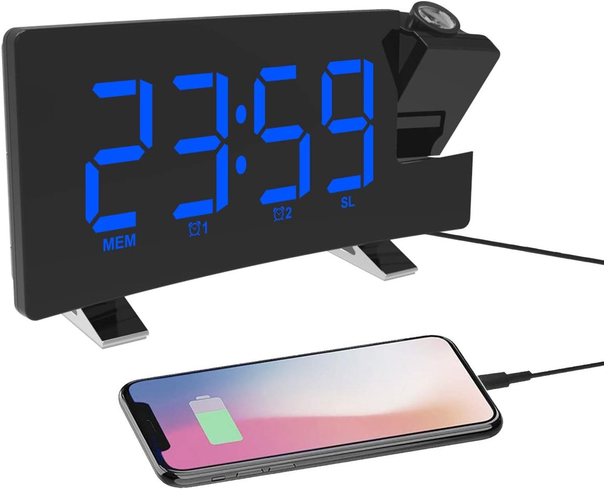 Projectie Klok FM Radio Wekker met USB Oplader, Blauw | 5.5" Grote LEIDENE Vertoning, 2 Geluiden voor Zware Slapper, 2 Alarminstelling, 4 Niveau Regelbare Helderheid