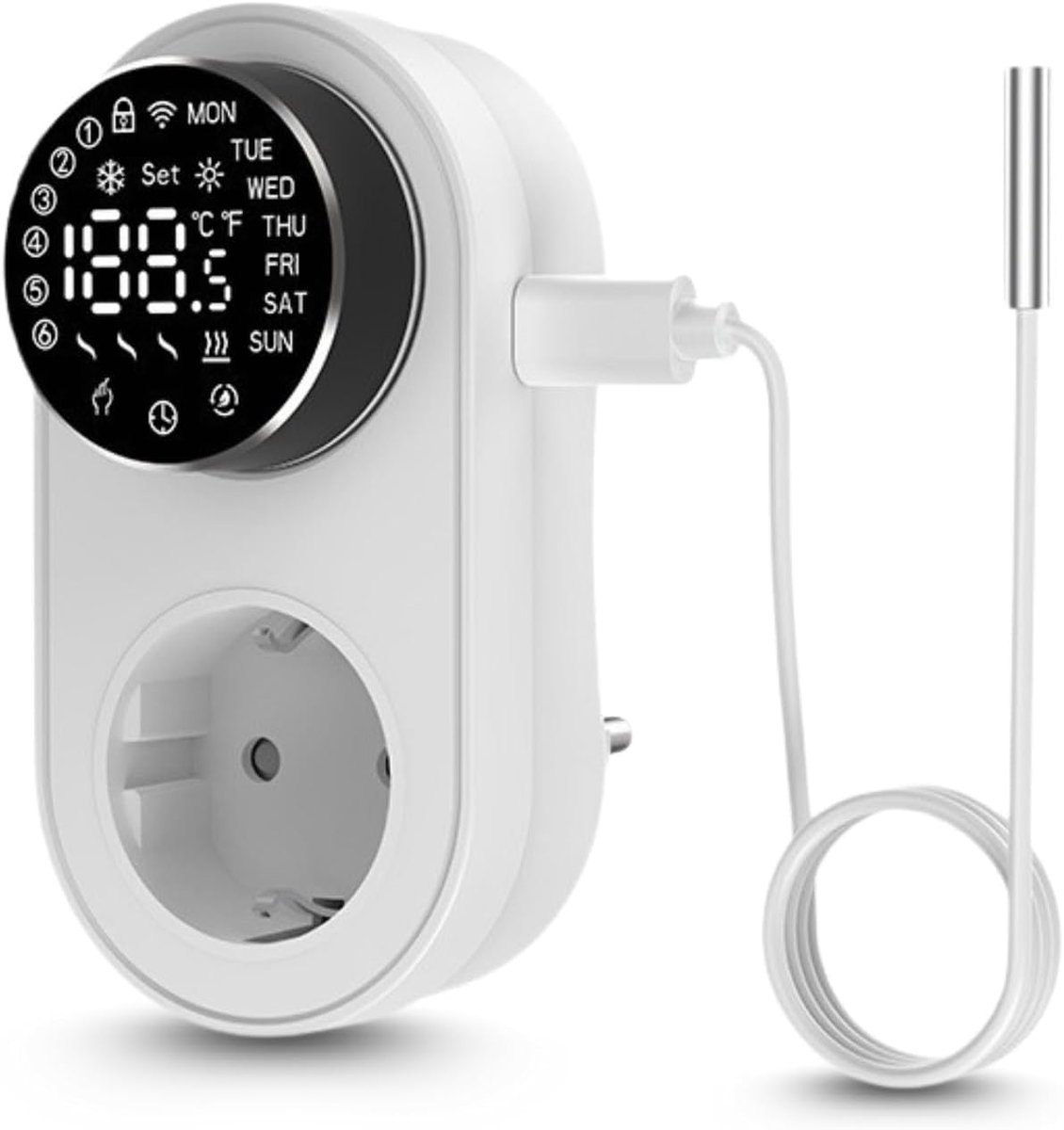 Draadloze thermostaat, thermostaat voor stopcontact, digitale temperatuurregelaar, stopcontact, thermostaat met sonde voor verwarming en koeling, 16 A, 2,4 GHz, compatibel met Alexa en Google