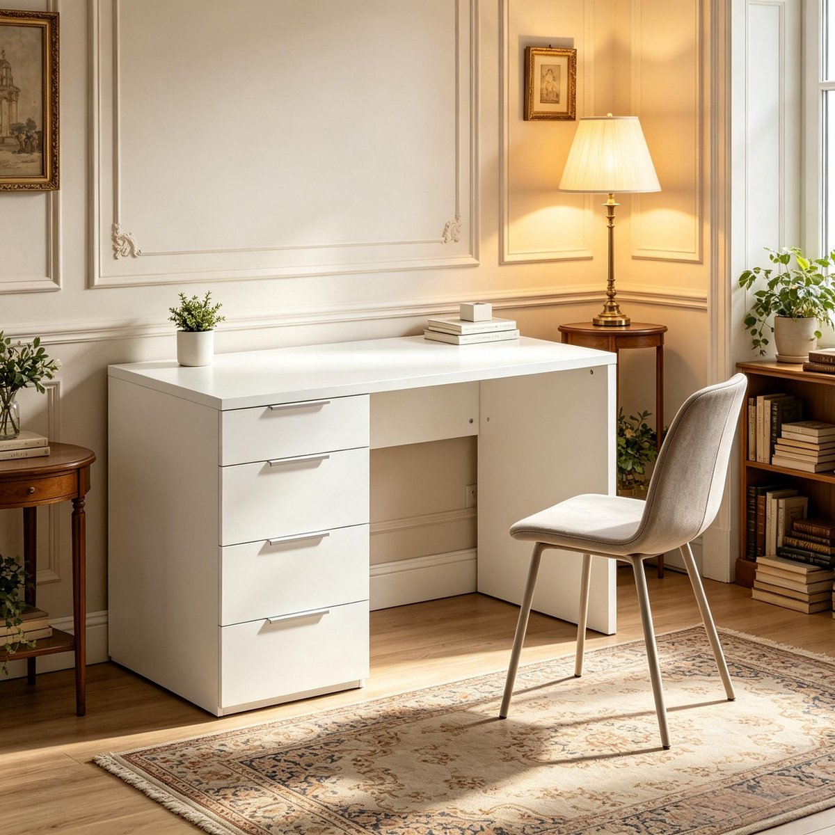 COVREO Computerbureau 110x60 cm, wit hoogglans, 4 lades voor thuiswerk