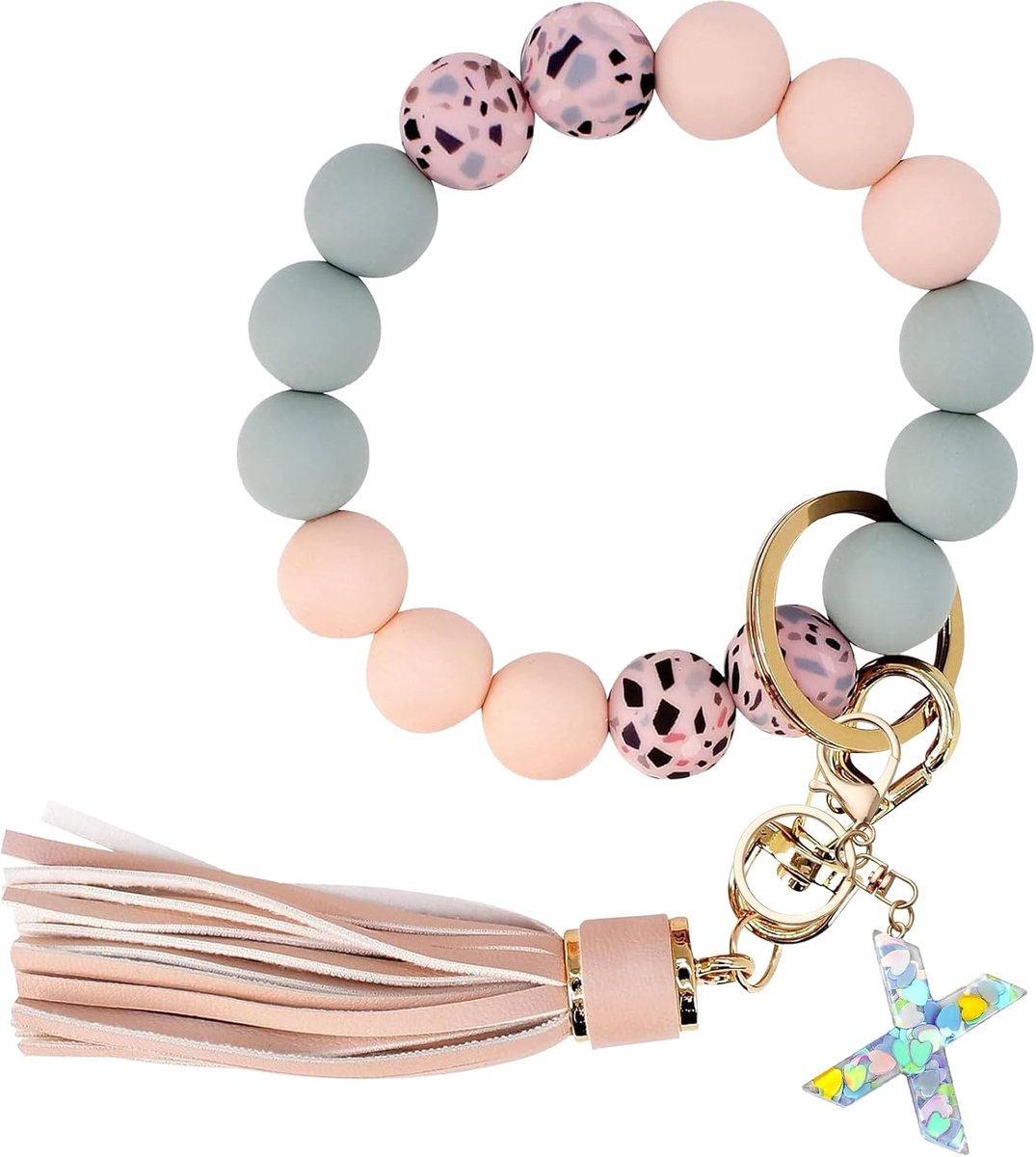 Sleutelhanger voor meisjes, sleutelhanger met initiële letters, voor dames, armband, sleutelhanger, armband, autosleutelhanger, siliconen parels, polsen, sleutelketting voor dames