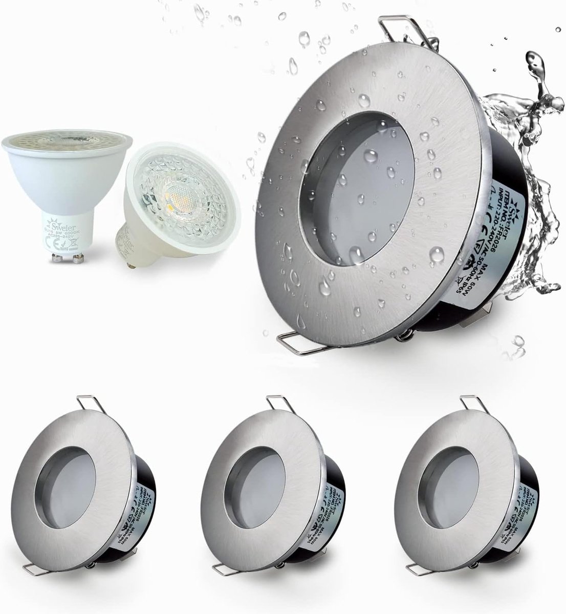 Badkamer Inbouwspot 5W,230V GU10 Nikkel Plafondspots,Koel wit 6000K 430LM LED Downlight Waterdicht,Gat Diameter Ø70mm,voor badkamer,Keuken,Woonkamer,Hal,set van 4